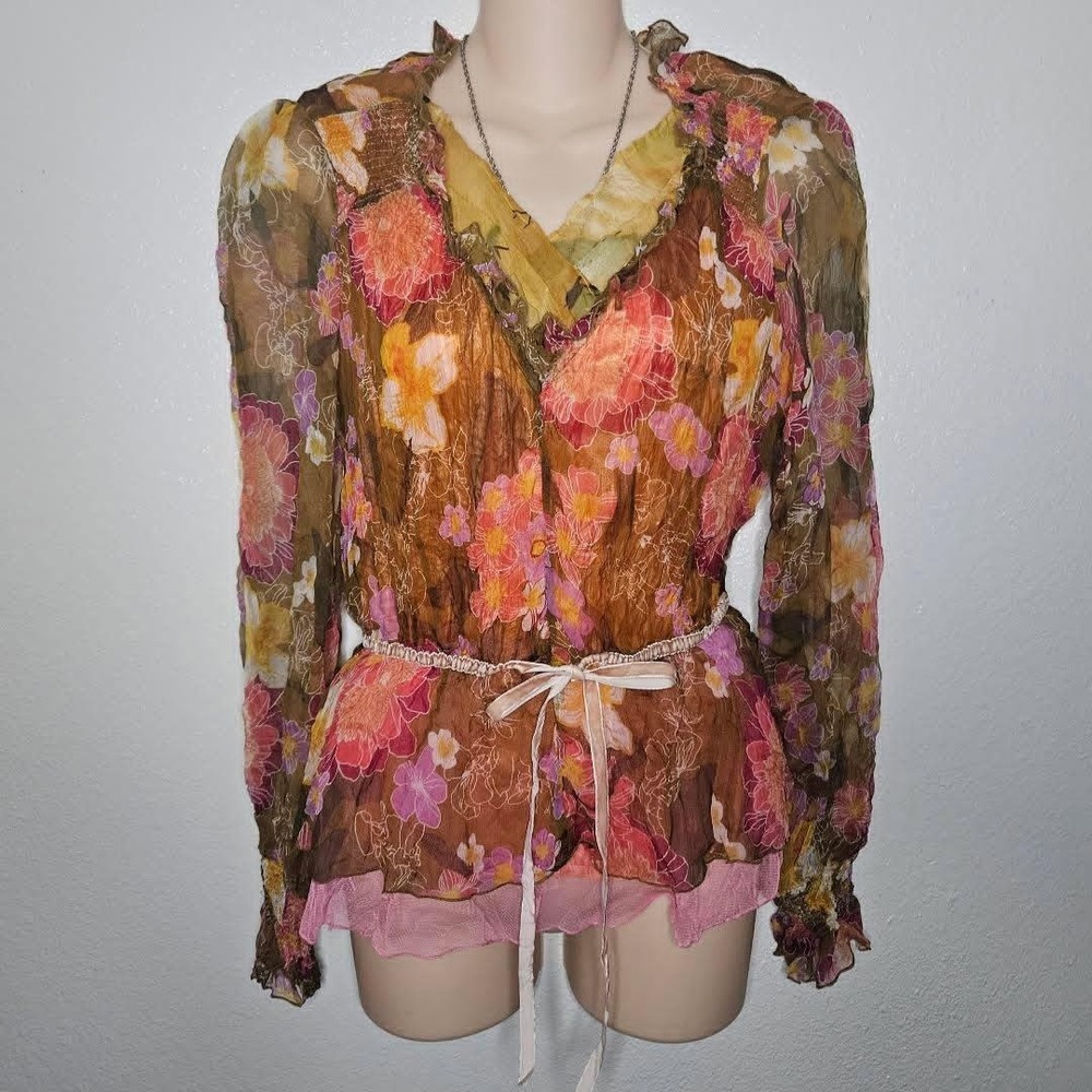 Méchant Silk Floral Chiffon Blouse Sheer Boho Layered Mesh Waist Tie Top - Picture 1 of 8